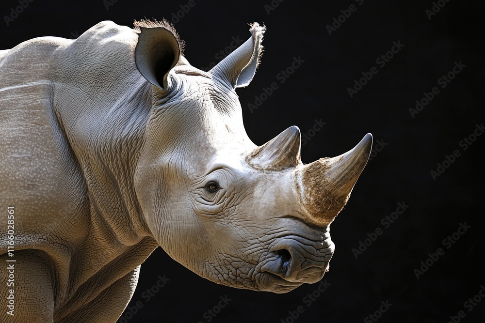 Poster a detailed view of a rhino's face and horns against a dark background
