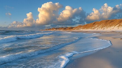 Scenic coastal landscape with sand dunes and waves at sunset.