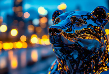 a large shiny chrome statue of a bear animal figure stands tall, its reflective surface mirroring the surrounding city skyline, creating a striking fusion of nature and urban art