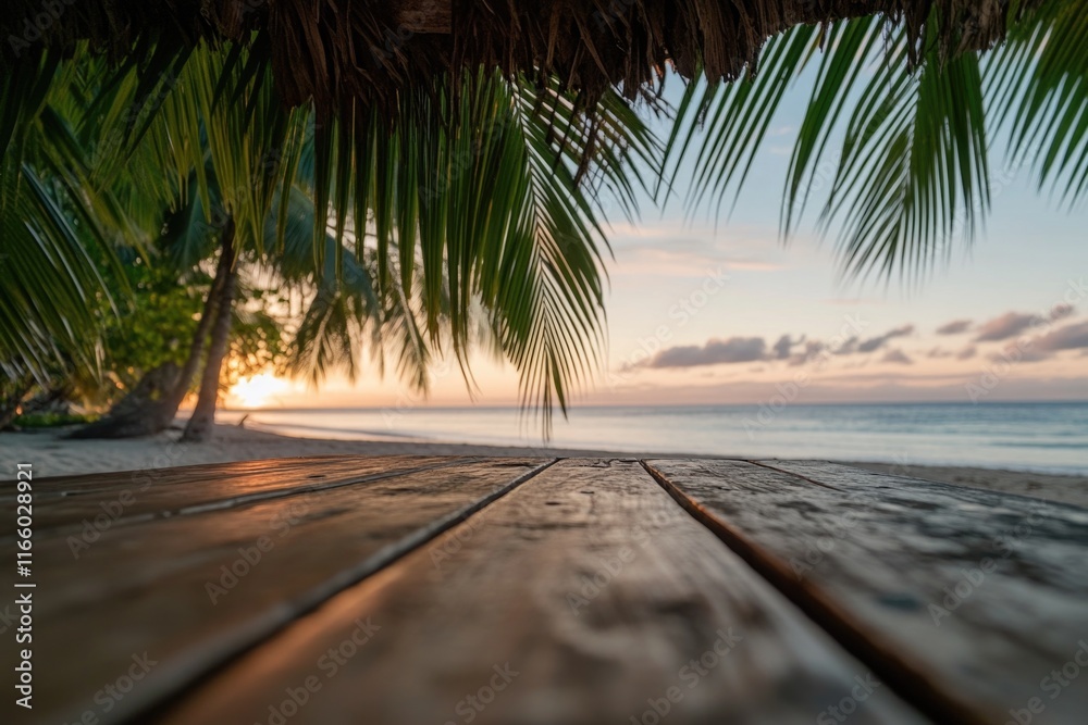 Poster a wooden dock overlooking the ocean, suitable for use in images about coastal scenery, architecture,