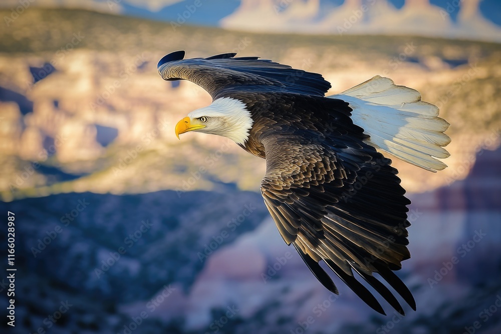 Poster a majestic bald eagle in flight, with the rugged mountain range in the background