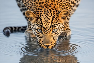 A close-up of a leopard drinking water from a source