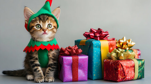 A tabby kitten wearing a Christmas elf costume sitting beside a stack of colorful wrapped gifts