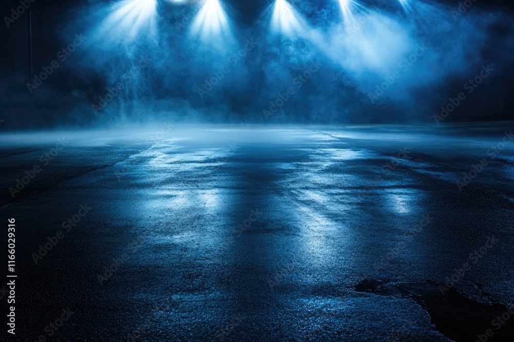 Poster stage lighting setup with three spotlights shining down onto the floor