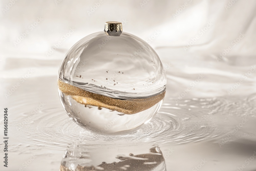 Poster A single glass ornament sits on the surface of a small puddle of water, creating a reflective and visually appealing scene