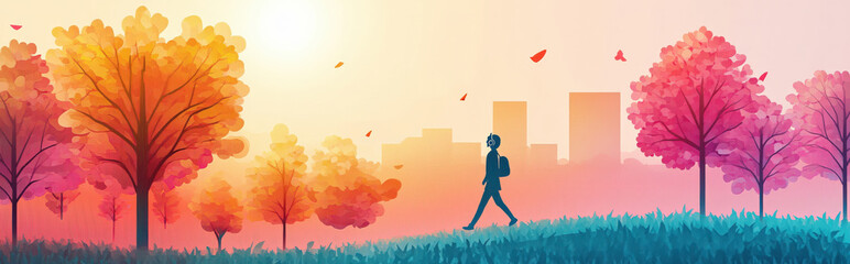 A simple flat illustration of a person walking in a park with headphones, enjoying nature and taking a mental health break, surrounded by abstract trees and a gradient sky, vector art