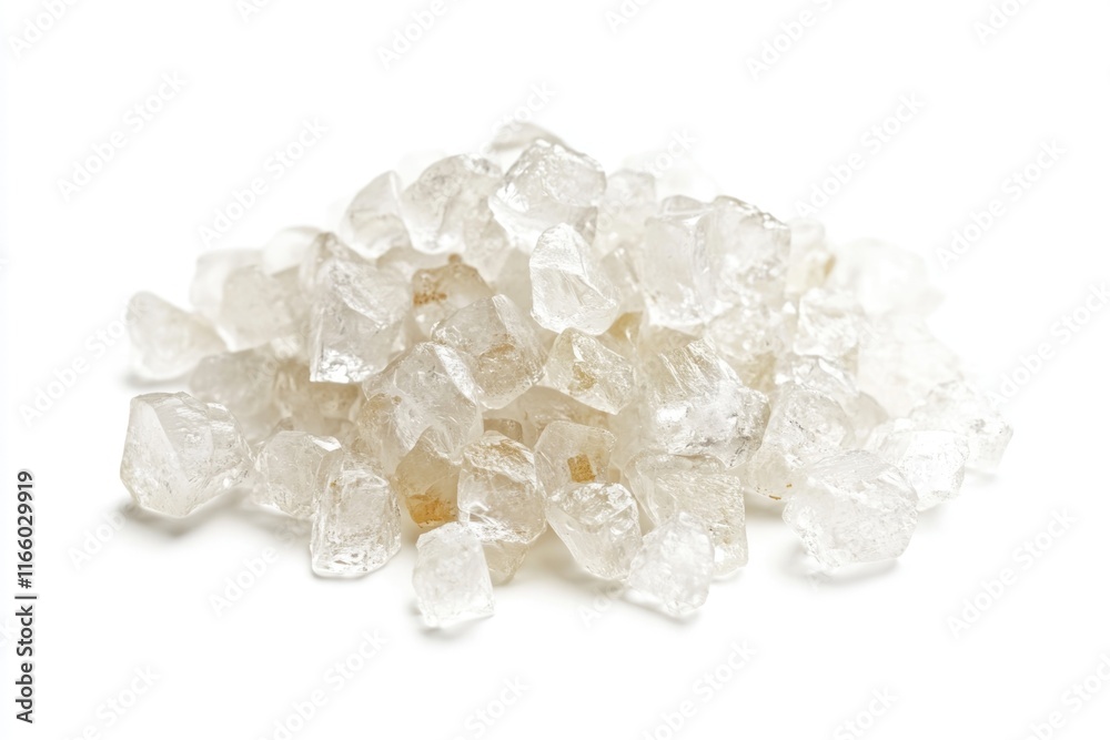 Poster a close-up view of a pile of sugar crystals on a white surface, suitable for food or science-related