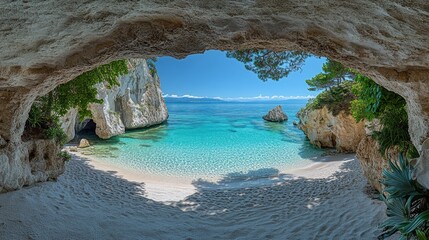Fototapeta premium Secluded cove seen through cave opening.