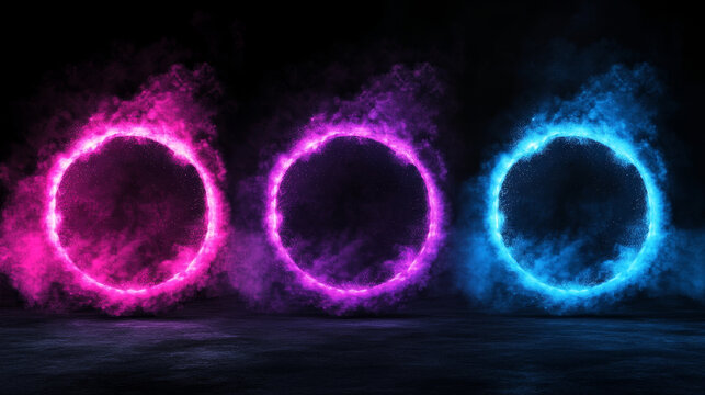 Circular halo light effects set isolated on transparent background. Vector realistic illustration of round avatar frames in pink, blue, purple colors with shimmering particles and smoke, magic portal