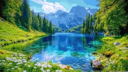 Serene alpine lake reflecting mountains.