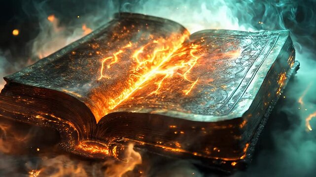 A close-up of an open ancient book with glowing runes on the pages, surrounded by swirling magical mist