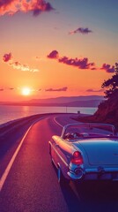 Fototapeta premium Classic Convertible Car Drives Coastal Sunset Road