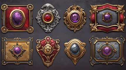 Fototapeta premium Game buttons with decorative frames in medieval style and purple gemstones. Vector cartoon set of empty gold, silver and red metal bars with fantasy border and gems
