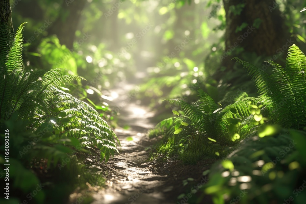 Poster a winding path in a dense and vibrant forest