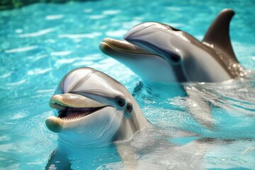 Obraz premium A pair of dolphins swimming together in a pool with their mouths open, showing off their teeth