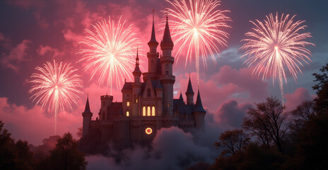 Fototapeta premium Fireworks Over Castle at Night