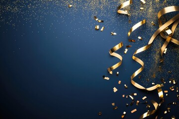 A bright blue background filled with flowing gold streamers and colorful confetti, perfect for parties and celebrations
