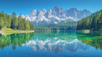 Serene mountain lake reflecting majestic peaks under a clear sky.