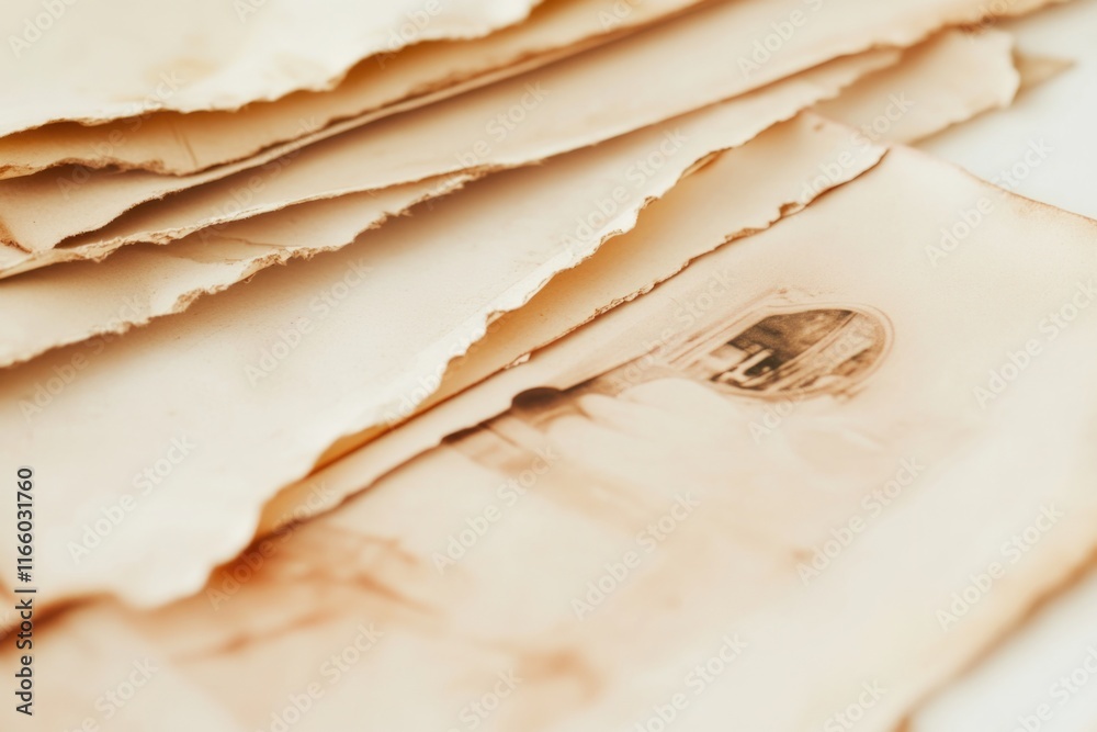 Leinwandbilder a stack of yellowed documents and papers on a wooden surface, suitable for use in historical or nost