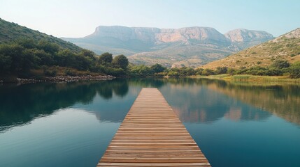 Serene mountain lake with wooden dock. (1)