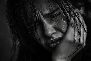 Obraz premium A young woman in a dramatic black-and-white style, highlighting her emotional distress through powerful facial expression.