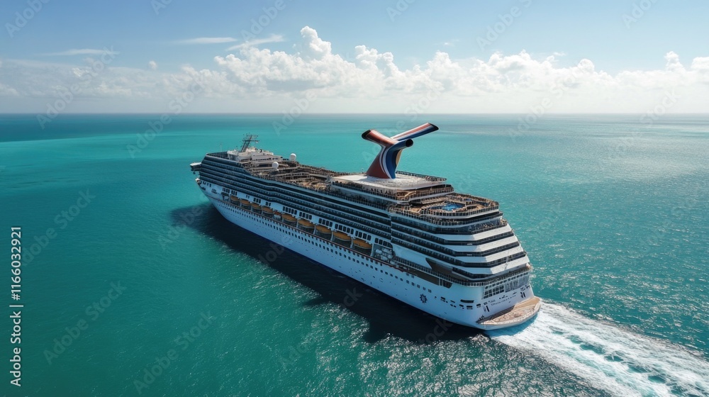 Poster a large cruise ship sailing through calm waters with nothing but sea and sky around it