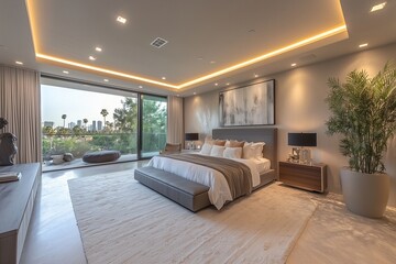 A contemporary bedroom with recessed ceiling LED lighting, casting a gentle glow over modern furniture and decor, offering a relaxing environment for rest.