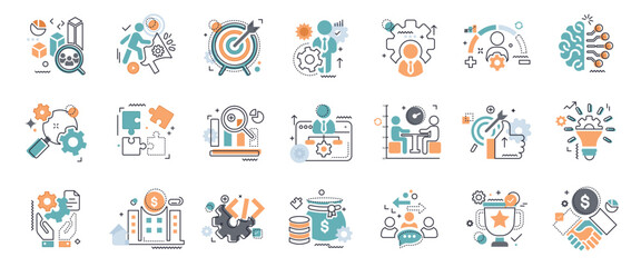 Obraz premium Business, data analysis, organization management and technology icon set. Teamwork, strategy, planning, marketing, cloud technology, data analysis, employee icon set. Icons vector collection