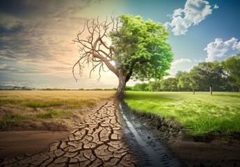 Contrast of Life and Drought in a Changing Landscape Showcasing Environmental Challenges. Generative AI