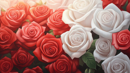 Lush red and white roses create vibrant floral display