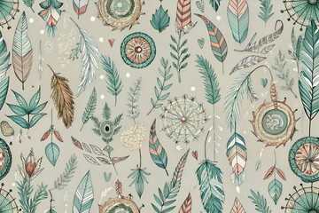 Naklejka premium Bohemian botanical seamless pattern featuring feathers. leaves. flowers. and ornate botanical elements in muted tones.
