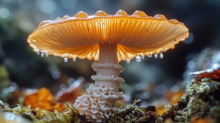 A close-up shot of a mushroom growing on a bed of moss