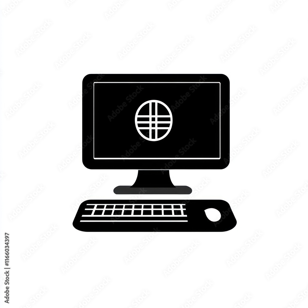 Poster black desktop computer icon showing global network access