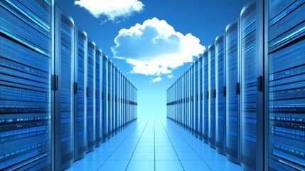Modern Server Room with Blue Lighting and Clouds