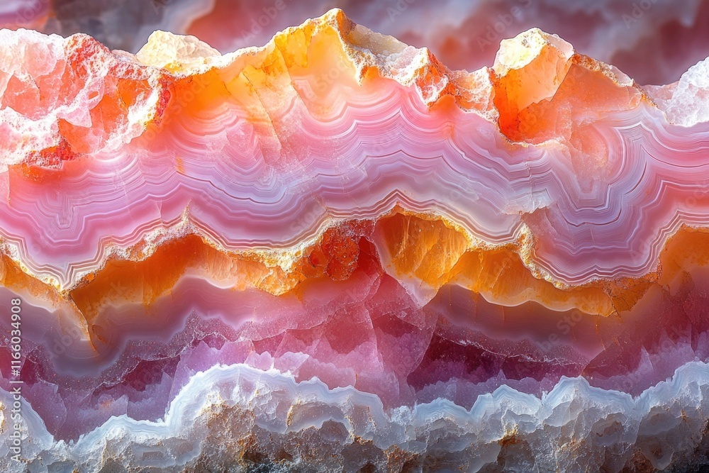 Poster a close-up of a fragmented rock displaying vibrant pink and orange hues