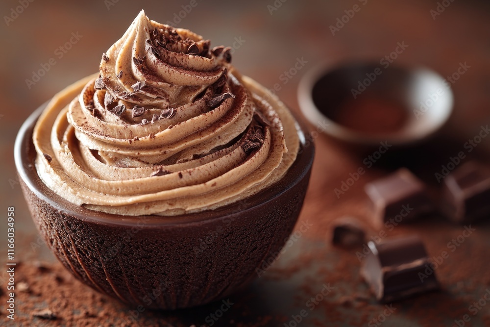 Poster a rich and creamy cup of chocolate frosting sits on a table, ready to be devoured