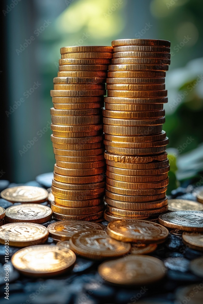 Poster a pile of coins sits on a table