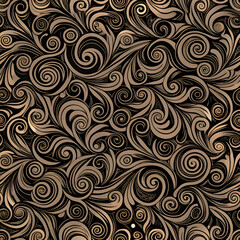 Ornate. swirling floral pattern in a rich sepia tone against a black background.