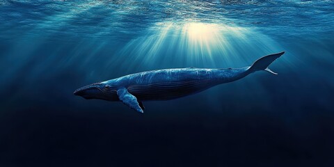 Fototapeta premium Underwater scene, majestic blue whale, sunbeams penetrating ocean surface, deep blue water, ethereal atmosphere, bioluminescent particles, tranquil marine environment, gentle giant, underwater photogr