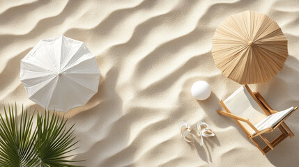 Obraz premium Round platform on summer beach background. Vector realistic illustration of sunshade umbrella, chaise lounge and ball on sand, vacation resort advertising backdrop, sunscreen cosmetics platform