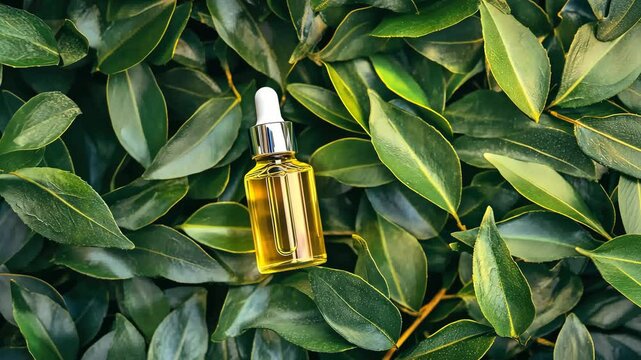 Tea tree essential oil in a bottle. Selective focus. Nature.
