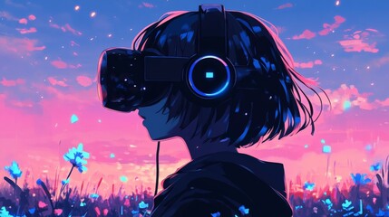 Person in VR Headset in Abstract Digital Landscape