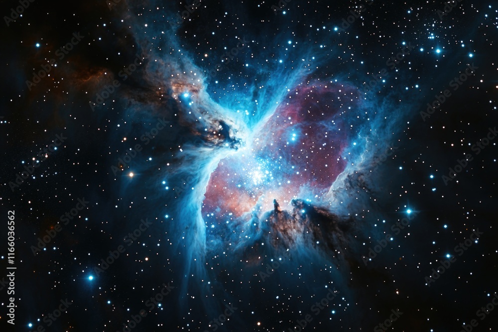 Poster a large star cluster in the center of a distant galaxy, surrounded by stars and gas