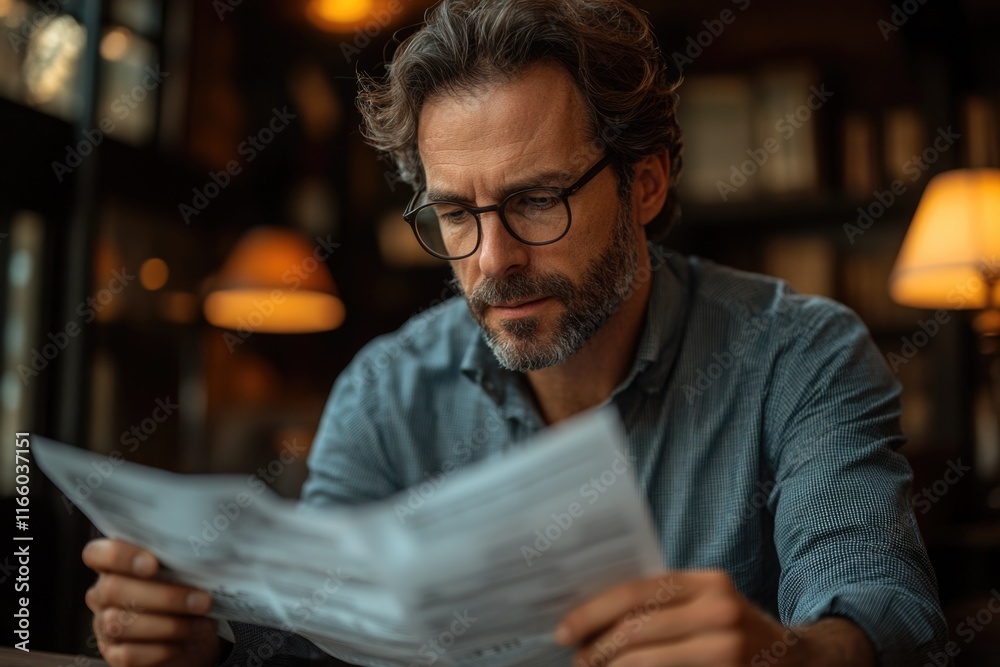 Poster a person sitting at a table studying or reviewing documents