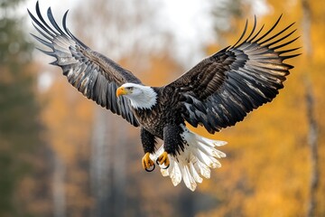 Obraz premium A bald eagle soaring through the sky with its wings open