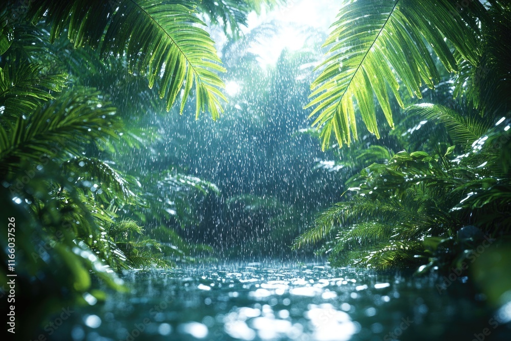 Poster a serene scene featuring a gentle stream flowing through a dense and vibrant green forest