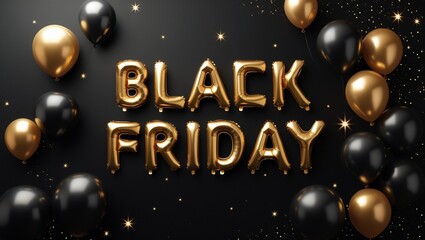 Black Friday Sale Highlighted by Golden and Black Balloons Against a Dark Background.