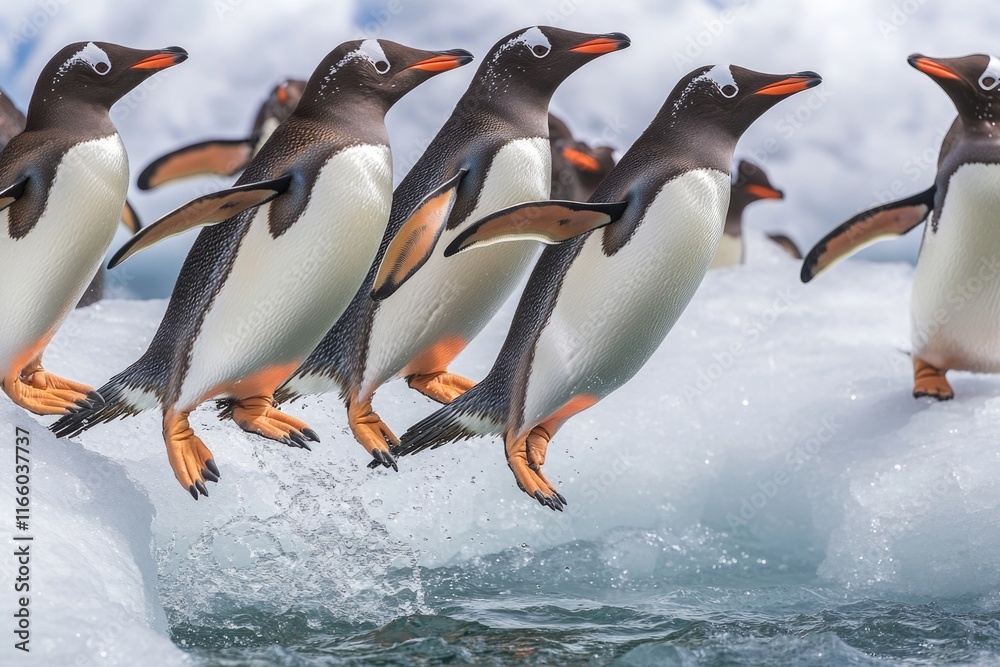 Poster a group of penguins perched on top of an iceberg, showcasing their adaptability to harsh arctic envi
