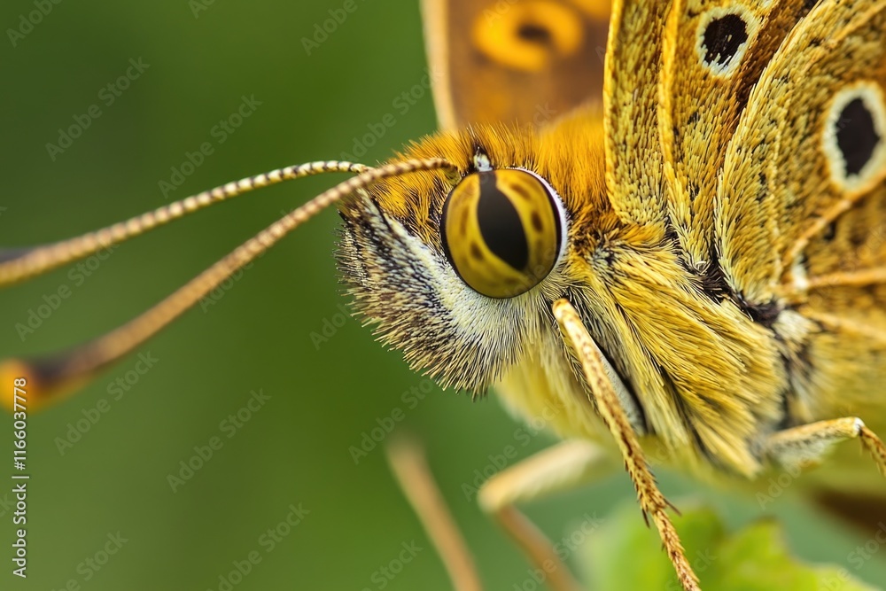 Poster a close-up shot of a butterfly resting on a leaf, highlighting its delicate features