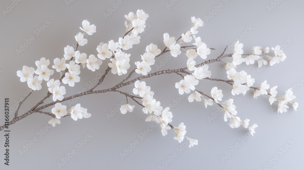 Poster a close-up of a branch of white flowers set against a gray background